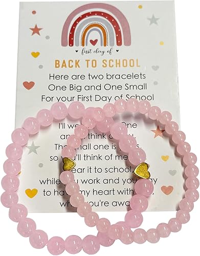 UYY Back to School Bracelets Heart Matching Mommy and Me Elastic Wish Strings Bead Bracelets First Day of School Supplies Gifts (Pink)