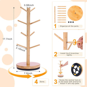 Krispmaild Mug Holder Tree, Upgraded 360° Rotated 8 Hooks Coffee Mug Holders for Counter, Bamboo Mug Rack Stand for Coffee Bar Accessories