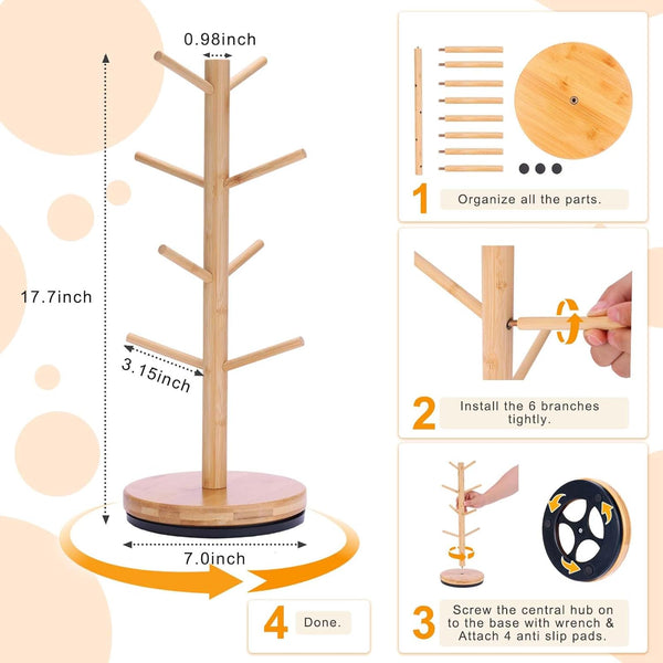 Krispmaild Mug Holder Tree, Upgraded 360° Rotated 8 Hooks Coffee Mug Holders for Counter, Bamboo Mug Rack Stand for Coffee Bar Accessories