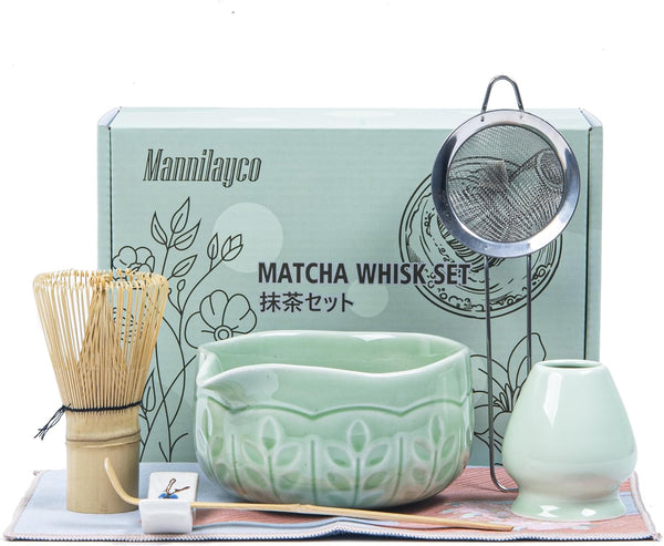 Matcha Whisk Bowl Set, 7PCS Japanese Matcha Kit with Spout Bowl (Green), Bamboo Whisk with Stand, Scoop, Sifter, Matcha Accessories for Tea Ceremony, Matcha Latte, Gifts for Family, Friends