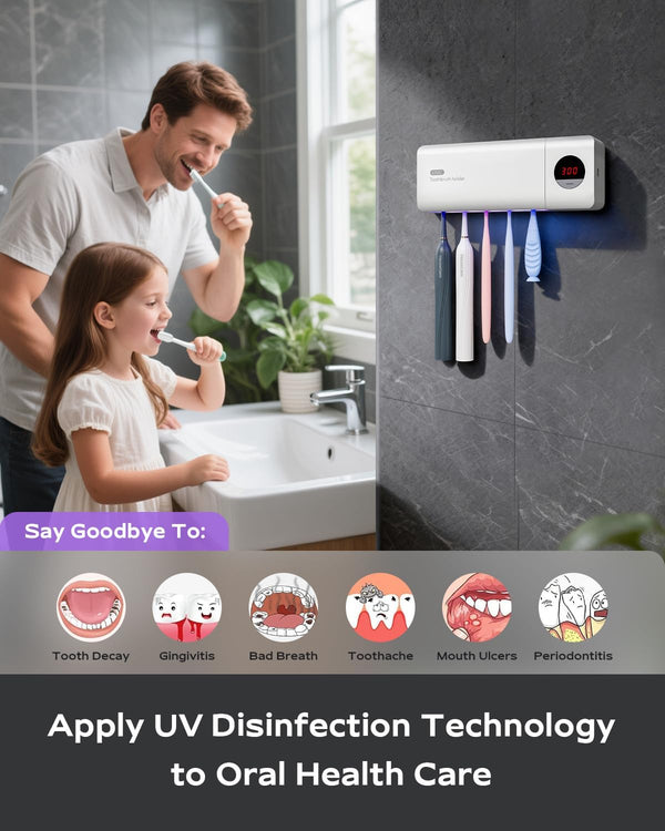HouseGem Toothbrush Holder, Timer Function, 2000mAh Rechargeable Cordless Wall-Mounted Bathroom (White)