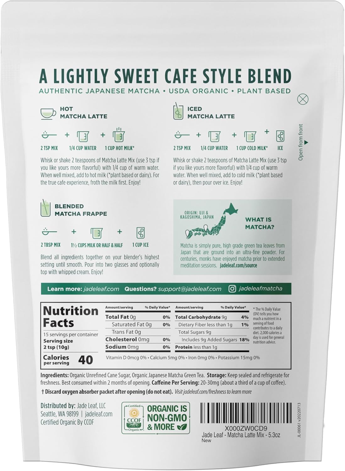 Jade Leaf Matcha Organic Matcha Latte Mix - Lightly Sweet Japanese Matcha Green Tea Powder with Organic Cane Sugar for Café Style Blend, 5.3 Ounce / 150g (Pack of 1)