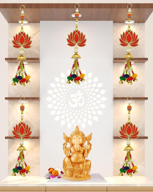 Set of 5 Lotus & Hangings Latkan for Diwali Home Decoration Wall Hangings for Temple Pooja Room Decoration Items | Lotus Back Dropper showpiece for Decor Ganpati, Navratri, Wedding - Red