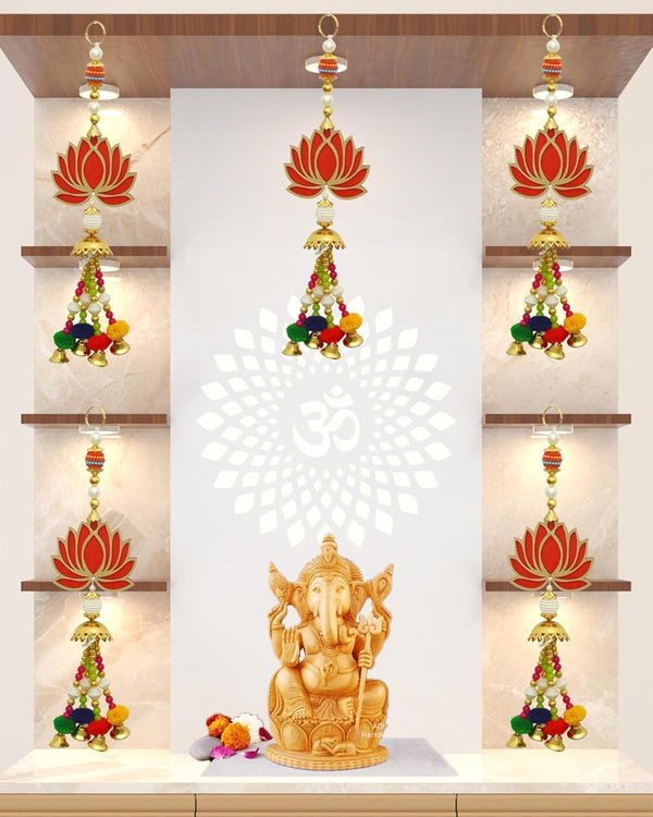 Set of 5 Lotus & Hangings Latkan for Diwali Home Decoration Wall Hangings for Temple Pooja Room Decoration Items | Lotus Back Dropper showpiece for Decor Ganpati, Navratri, Wedding - Red