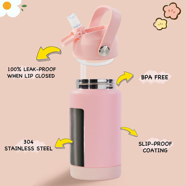 Kerilyn 12oz Kids Water Bottle, Stainless Steel Insulated Water Bottle For Kids, Toddler Cup With Straws Leak-proof, Kids Water Bottles For School Boys Girls, BPA Free, Pink