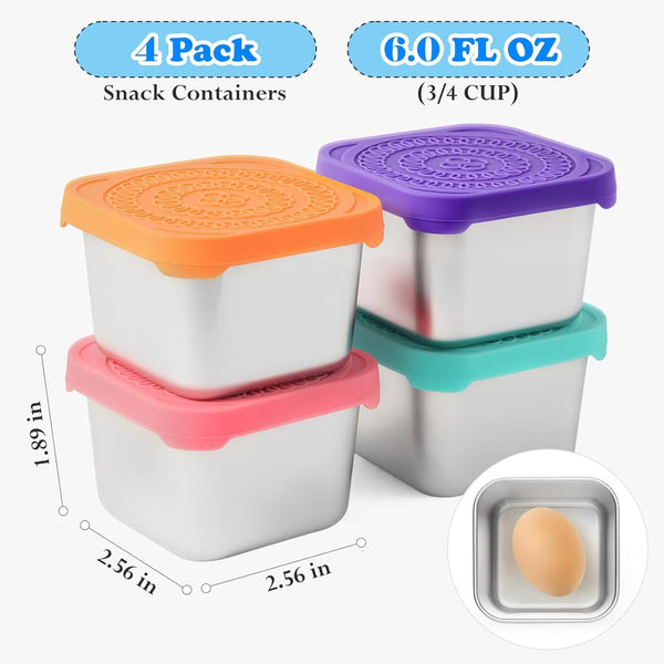 4Pack 6oz Reusable Stainless Steel Snack Containers for Kids, Easy Open Leak Proof Metal Small Toddler Snack Containers with Silicone Lids, Stackable Metal Toddler Lunch Box for Daycare School Travel