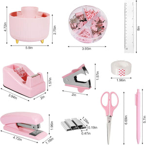 Gawsey Pink Desk Organizers and Accessories 10Pcs Set with 360-Degree Rotating Pen Holder, Tape Dispenser, Stapler, Staple Remover, 1000 Staples, Tape, Clips Set, Ruler, Scissor, Pen (Pink)