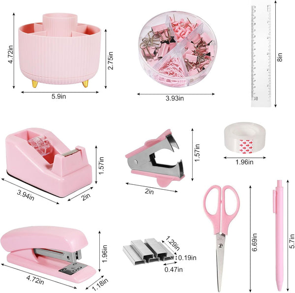 Gawsey Pink Desk Organizers and Accessories 10Pcs Set with 360-Degree Rotating Pen Holder, Tape Dispenser, Stapler, Staple Remover, 1000 Staples, Tape, Clips Set, Ruler, Scissor, Pen (Pink)