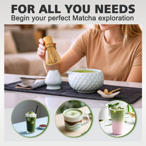 Matcha Whisk Bowl Set, 7PCS All-in-One Japanese Tea Set Includes Matcha Bowl with Spout, Bamboo Whisk (Chasen) with Stand, Scoop, Sifter, Complete Kit for Ceremony, Gift for Matcha Tea Lovers(Blue)