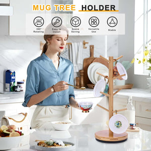Krispmaild Mug Holder Tree, Upgraded 360° Rotated 8 Hooks Coffee Mug Holders for Counter, Bamboo Mug Rack Stand for Coffee Bar Accessories
