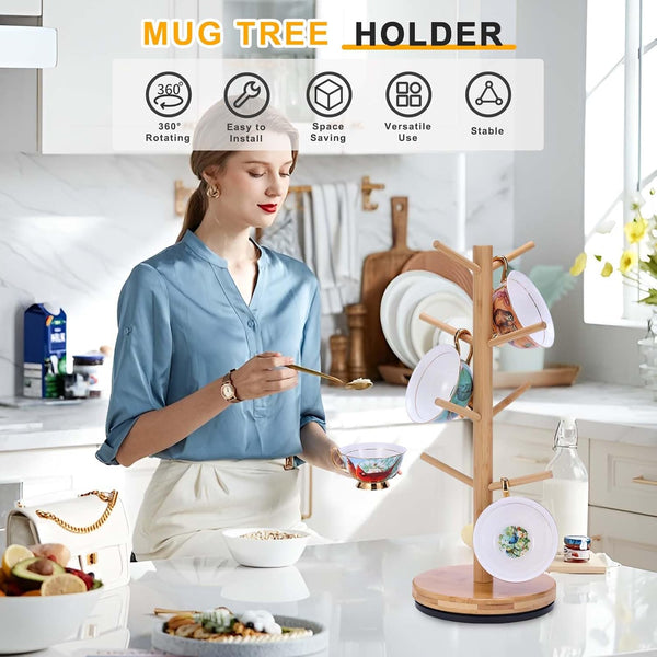 Krispmaild Mug Holder Tree, Upgraded 360° Rotated 8 Hooks Coffee Mug Holders for Counter, Bamboo Mug Rack Stand for Coffee Bar Accessories