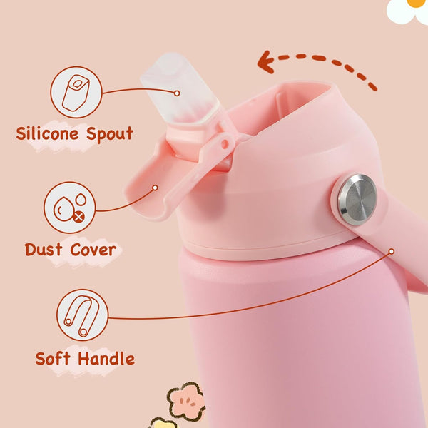 Kerilyn 12oz Kids Water Bottle, Stainless Steel Insulated Water Bottle For Kids, Toddler Cup With Straws Leak-proof, Kids Water Bottles For School Boys Girls, BPA Free, Pink