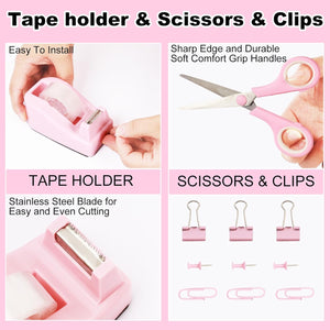 Gawsey Pink Desk Organizers and Accessories 10Pcs Set with 360-Degree Rotating Pen Holder, Tape Dispenser, Stapler, Staple Remover, 1000 Staples, Tape, Clips Set, Ruler, Scissor, Pen (Pink)