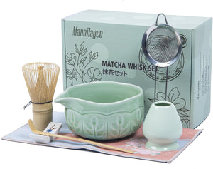 Matcha Whisk Bowl Set, 7PCS Japanese Matcha Kit with Spout Bowl (Green), Bamboo Whisk with Stand, Scoop, Sifter, Matcha Accessories for Tea Ceremony, Matcha Latte, Gifts for Family, Friends