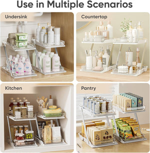 AUGBEAN 3 Pack Bathroom Organizers and Storage - Multi-Purpose,2-Tier Clear Pull Out Organization for Bathroom,Under Sink,Kitchen,Vanity,Countertop,Cabinet,Pantry & Medicine Cabinet,White