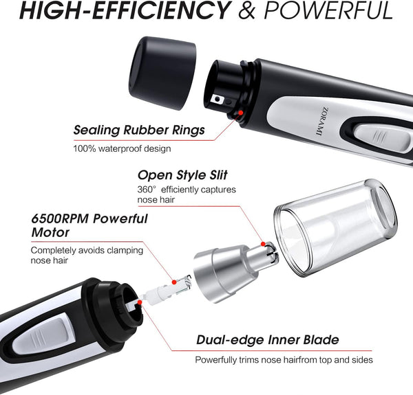 Ear and Nose Hair Trimmer Clipper - 2025 Professional Painless Eyebrow & Facial Hair Trimmer for Men Women, Battery-Operated Trimmer with IPX7 Waterproof, Dual Edge Blades for Easy Cleansing Black
