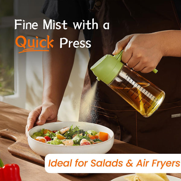 TrendPlain 16oz/470ml Glass Olive Oil Sprayer for Cooking – 2 in 1 Olive Oil Dispenser Bottle for Kitchen Gadgets and Air Fryer Accessories, Salad, BBQ - Green 16OZ/470ML