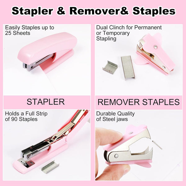 Gawsey Pink Desk Organizers and Accessories 10Pcs Set with 360-Degree Rotating Pen Holder, Tape Dispenser, Stapler, Staple Remover, 1000 Staples, Tape, Clips Set, Ruler, Scissor, Pen (Pink)