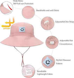 Baby Sun Hat Smiling Face UPF 50+ Beach Toddler Bucket Hat for Baby Boys and Girls, Toddler Kids Wide Brim Sun Hats Cap (US, Age, 2 Years, 6 Years, White+Pink)