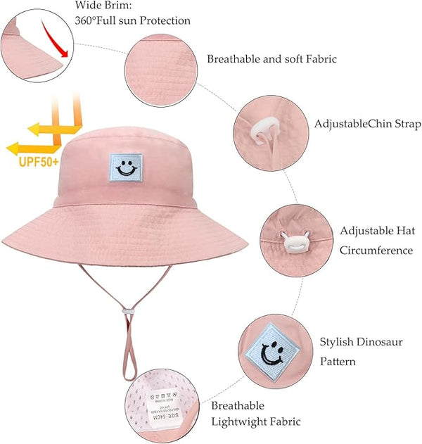 Baby Sun Hat Smiling Face UPF 50+ Beach Toddler Bucket Hat for Baby Boys and Girls, Toddler Kids Wide Brim Sun Hats Cap (US, Age, 2 Years, 6 Years, White+Pink)