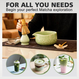 Matcha Whisk Bowl Set, 7PCS Japanese Matcha Kit with Spout Bowl (Green), Bamboo Whisk with Stand, Scoop, Sifter, Matcha Accessories for Tea Ceremony, Matcha Latte, Gifts for Family, Friends
