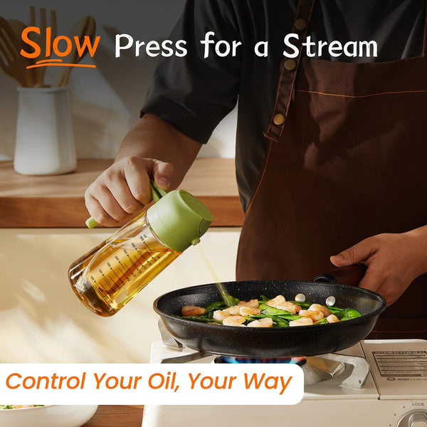 TrendPlain 16oz/470ml Glass Olive Oil Sprayer for Cooking – 2 in 1 Olive Oil Dispenser Bottle for Kitchen Gadgets and Air Fryer Accessories, Salad, BBQ - Green 16OZ/470ML