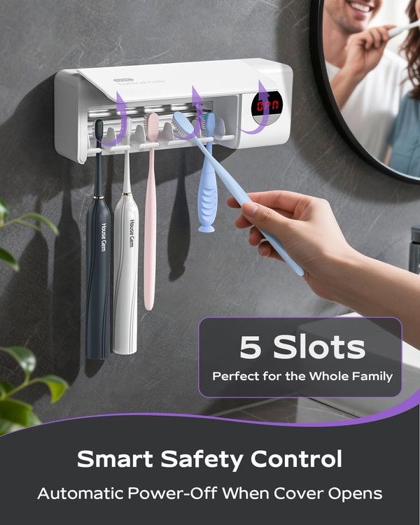 HouseGem Toothbrush Holder, Timer Function, 2000mAh Rechargeable Cordless Wall-Mounted Bathroom (White)
