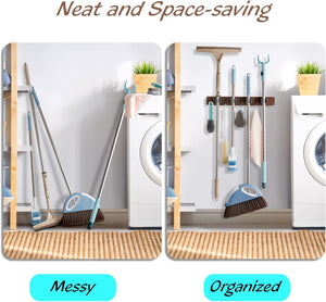 OUTNILI Mop and Broom Holder Wall Mount - Rustic Wood Broom Mop Hanger - Wall Mounted Garden Tool Rack Organizer for Closet Garage Laundry Room Kitchen Decor With 4 Slots & 4 Hooks