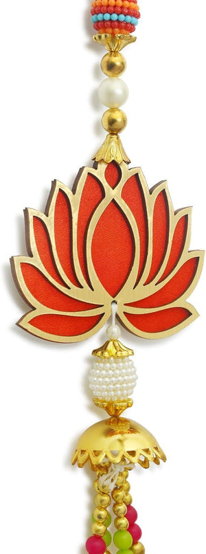 Set of 5 Lotus & Hangings Latkan for Diwali Home Decoration Wall Hangings for Temple Pooja Room Decoration Items | Lotus Back Dropper showpiece for Decor Ganpati, Navratri, Wedding - Red