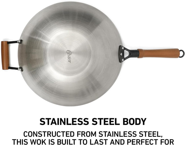 Oster Sangerfield 14-Inch Stainless Steel Wok With Wood Handles, Durable Non-Stick Stir Fry Pan for Gas and Electric Stovetops