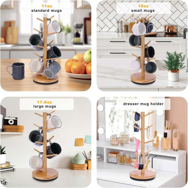Krispmaild Mug Holder Tree, Upgraded 360° Rotated 8 Hooks Coffee Mug Holders for Counter, Bamboo Mug Rack Stand for Coffee Bar Accessories