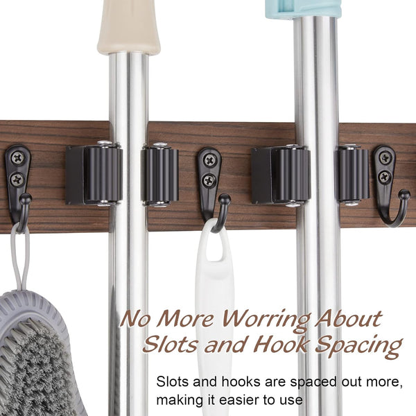 OUTNILI Mop and Broom Holder Wall Mount - Rustic Wood Broom Mop Hanger - Wall Mounted Garden Tool Rack Organizer for Closet Garage Laundry Room Kitchen Decor With 4 Slots & 4 Hooks