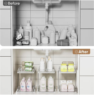 AUGBEAN 3 Pack Bathroom Organizers and Storage - Multi-Purpose,2-Tier Clear Pull Out Organization for Bathroom,Under Sink,Kitchen,Vanity,Countertop,Cabinet,Pantry & Medicine Cabinet,White