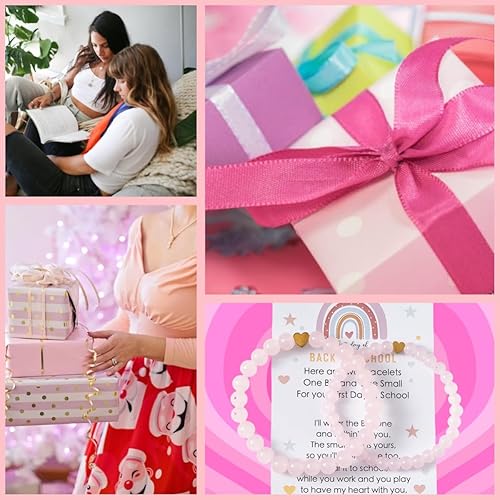 UYY Back to School Bracelets Heart Matching Mommy and Me Elastic Wish Strings Bead Bracelets First Day of School Supplies Gifts (Pink)