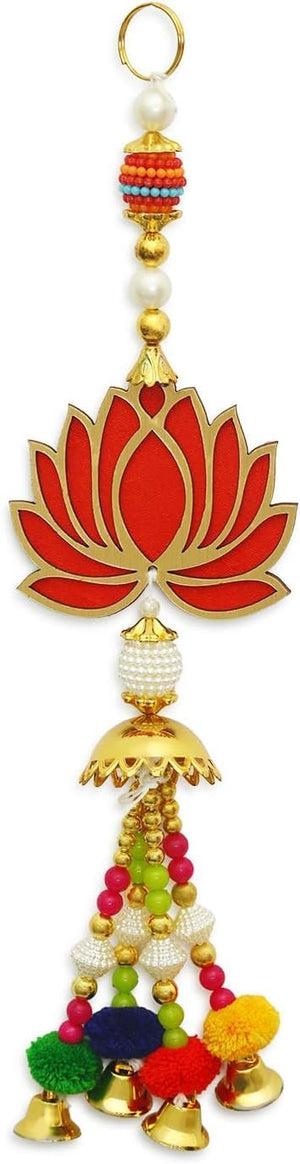 Set of 5 Lotus & Hangings Latkan for Diwali Home Decoration Wall Hangings for Temple Pooja Room Decoration Items | Lotus Back Dropper showpiece for Decor Ganpati, Navratri, Wedding - Red