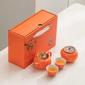 ZPGXLRZ Portable Gongfu Ceramic Tea Set - Beautiful Persimmon-Shaped Chinese Tea Set with Teapot, Tea Can & 2 Cups, Gift Boxed