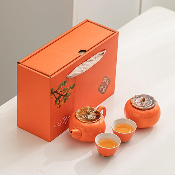 ZPGXLRZ Portable Gongfu Ceramic Tea Set - Beautiful Persimmon-Shaped Chinese Tea Set with Teapot, Tea Can & 2 Cups, Gift Boxed