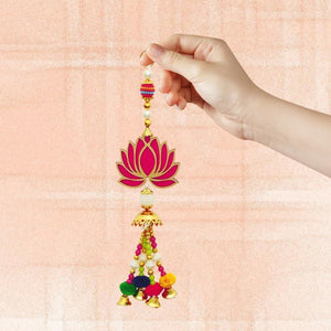 Set of 5 Lotus & Hangings Latkan for Diwali Home Decoration Wall Hangings for Temple Pooja Room Decoration Items | Lotus Back Dropper showpiece for Decor Ganpati, Navratri, Wedding - Red