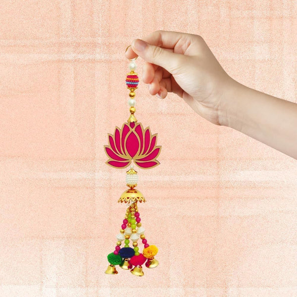 Set of 5 Lotus & Hangings Latkan for Diwali Home Decoration Wall Hangings for Temple Pooja Room Decoration Items | Lotus Back Dropper showpiece for Decor Ganpati, Navratri, Wedding - Red