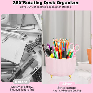 Gawsey Pink Desk Organizers and Accessories 10Pcs Set with 360-Degree Rotating Pen Holder, Tape Dispenser, Stapler, Staple Remover, 1000 Staples, Tape, Clips Set, Ruler, Scissor, Pen (Pink)