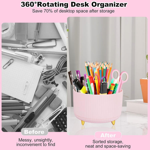 Gawsey Pink Desk Organizers and Accessories 10Pcs Set with 360-Degree Rotating Pen Holder, Tape Dispenser, Stapler, Staple Remover, 1000 Staples, Tape, Clips Set, Ruler, Scissor, Pen (Pink)
