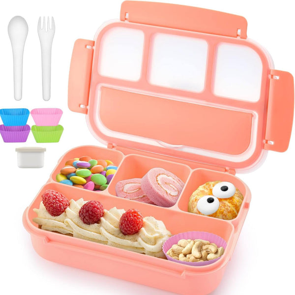 QQKO Bento Lunch Box for Kids Girls Boys, Toddler Kids Lunch Boxes for School, Lunch Containers for Adults with 4 Compartments, Sauce Container, Utensils, Food Picks and Muffin Cups, Pink
