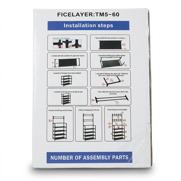 Diagram and assembly instructions for multi-tier steel clothes rack with labeled parts