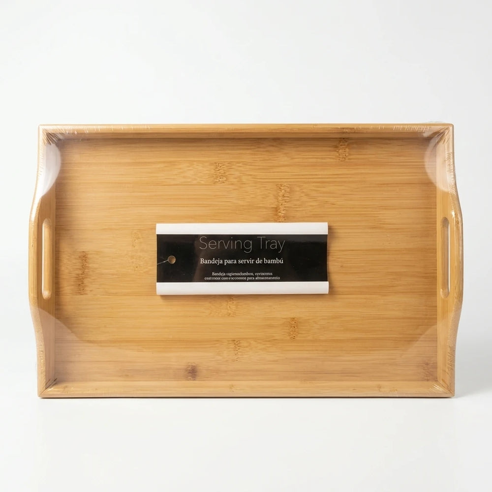 Medium bamboo kitchen tray with handles displayed in store
