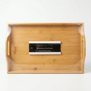 Medium bamboo kitchen tray with handles displayed in store