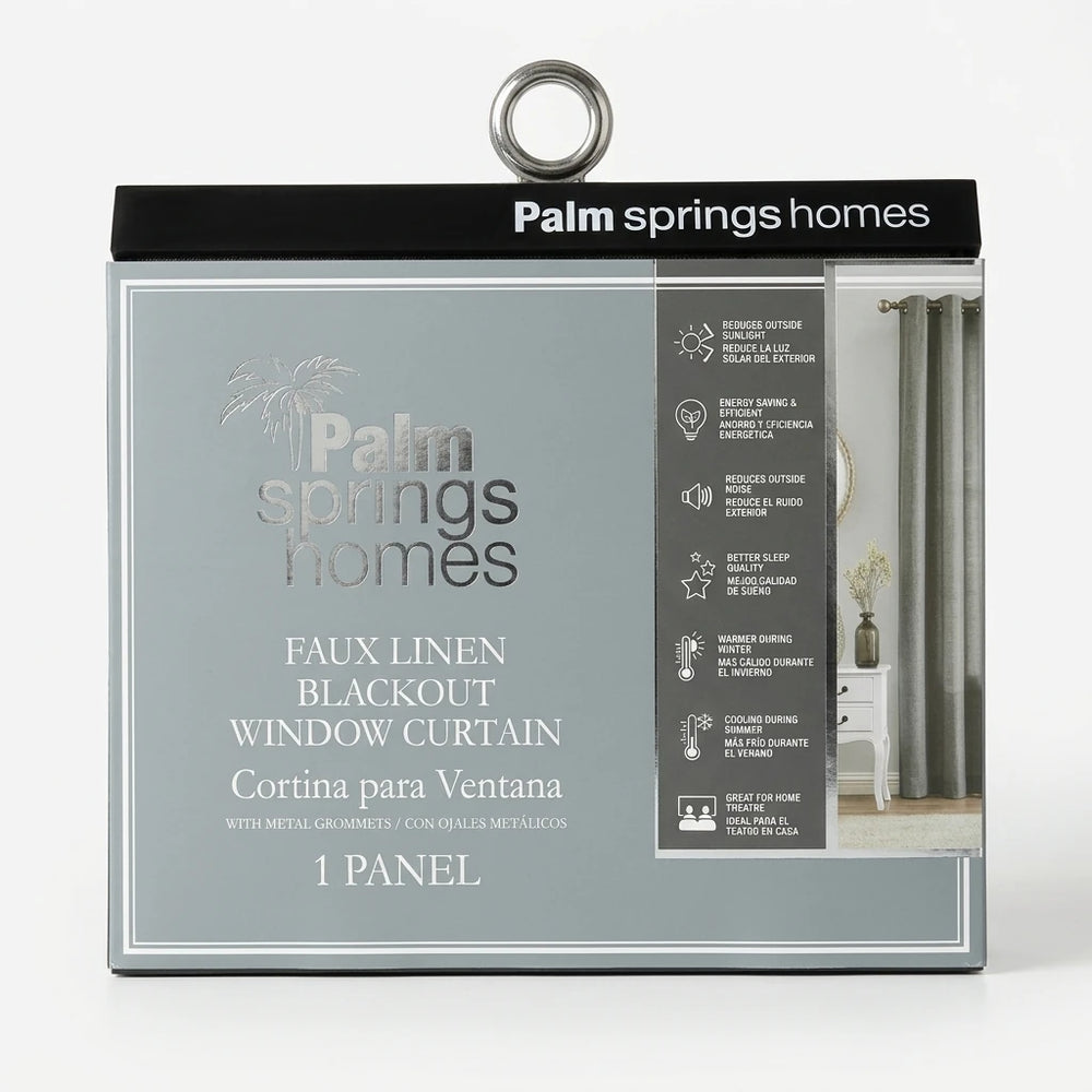 Palm Springs Homes faux linen brown blackout window curtain with metal grommets on display