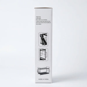 Mays Black Dish Rack box side with features and illustrations