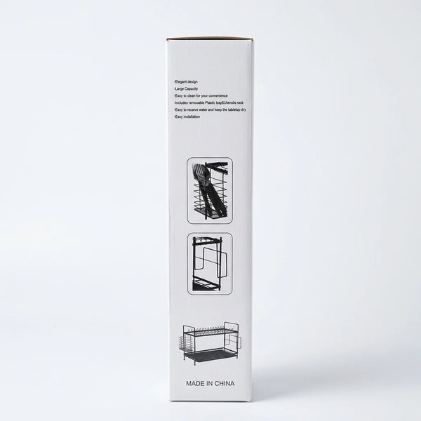 Mays Black Dish Rack box side with features and illustrations