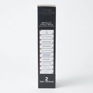 Side view of metallic toilet rack organizer box, showing parts list and two-tier feature