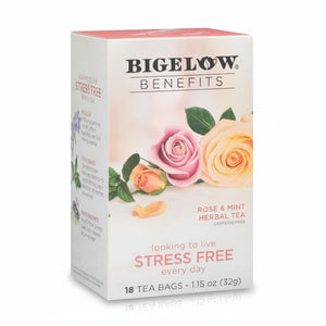 A polished retail e-commerce product photo of Bigelow Benefits Rose & Mint Herbal Tea 32g, featuring a clean seamless white studio background, bright even soft diffused studio lighting, and a realistic soft contact shadow beneath the product.
